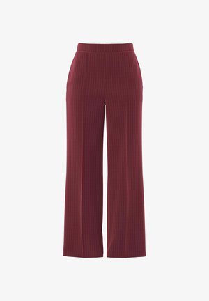 Burgundské široké kalhoty s proužkovaným vzorem, s hladkou texturou a elastickým pasem pro pohodlí.