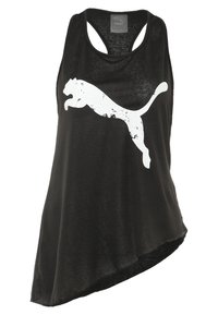 Czarny bezrękawnik asymetryczny z dużym białym logo kota Puma z przodu.