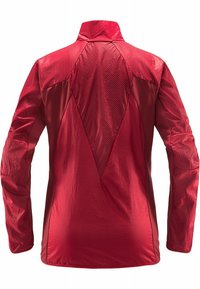 Veste légère rouge à manches longues avec tissu texturé et un panneau en forme de losange dans le dos, vue de dos.