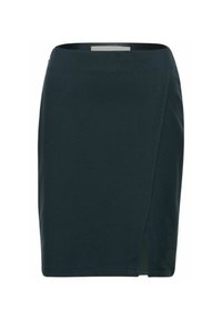 Mörkblå stretchkjol med figursydd silhuett, som har en sidoklyvning och en mjuk midja för en bekväm passform.