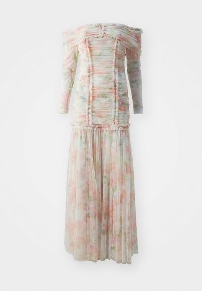 Off-the-shoulder floral dress with ruffled details, made of lightweight fabric in soft pink and green hues, featuring a pleated skirt.