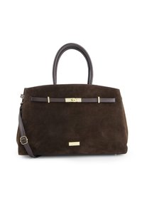 Bruine suède handtas met dubbele handvatten, een afneembare schouderriem, gouden beslag en een horizontale leren band over de voorkant.