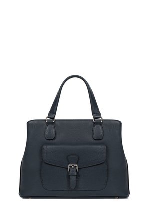 Navy blue leather handbag with textured finish. Features a front pocket with buckle detail and dual top handles. Square shape, structured design.