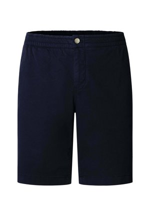 Marineblå knælange shorts med elastisk taljebånd og knaplukning, lavet af letvægtsstof.