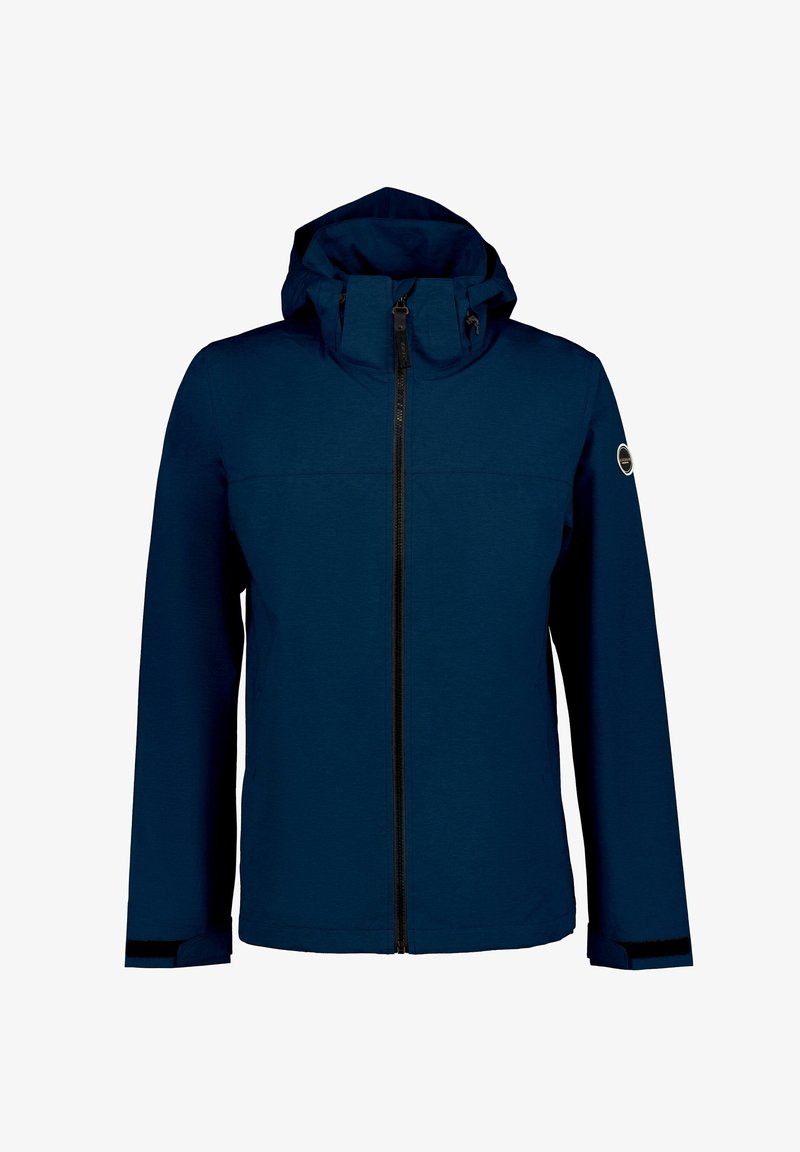 Veste à capuche bleu marine avec fermeture éclair devant, poignets ajustables et petit logo circulaire sur la manche gauche.