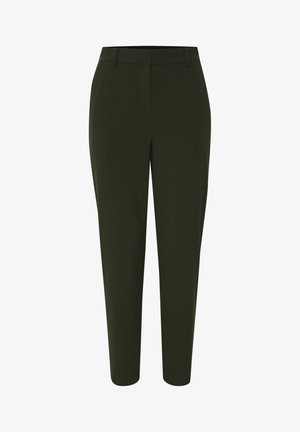 Pantalones de vestir en verde olivo oscuro. Fabricados en una tela suave con un corte ajustado, cuentan con una parte delantera plana y bolsillos laterales.