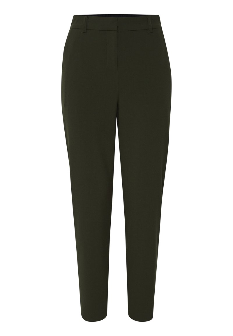 Pantalones de vestir en verde olivo oscuro. Fabricados en una tela suave con un corte ajustado, cuentan con una parte delantera plana y bolsillos laterales.