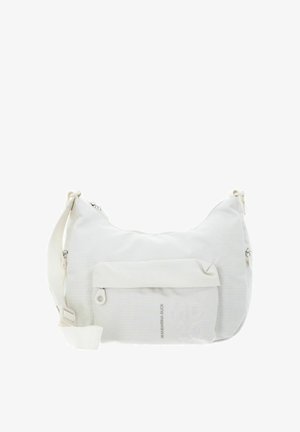 Sac d'épaule en tissu blanc avec poche zippée à l'avant et bandoulière réglable, marqué du texte « MANDARINA DUCK » sur la poche avant.