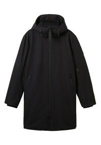 Black long jacket with a hood, front zipper, two side pockets, and a minimalist design. Made from a smooth, textured fabric.