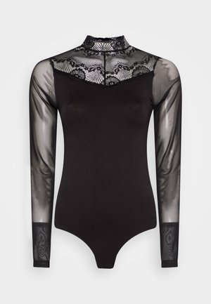 Black bodysuit with a high lace neckline. Long sheer sleeves with lace trim, fitted silhouette, and snap closure at the bottom.