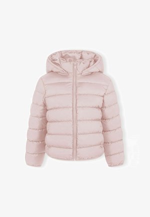 Lichtroze gewatteerde pufferjack met capuchon en voorrits, ontworpen voor koud weer.