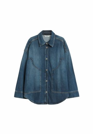 Blauwe spijkerjack met een kraag, knoopsluiting aan de voorkant en grote zakken. Losse pasvorm met zichtbare stiknaden.