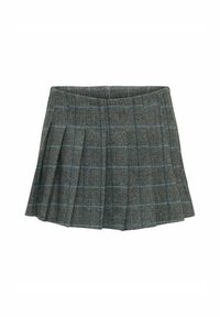 Siva suknja s kariranim uzorkom houndstooth i plavim linijama, izrađena od strukturirane tkanine. Pruža lepršavi dizajn i glatak pojas.