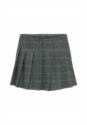 Gonna plissettata grigio a scacchi con linee blu, realizzata in tessuto testurizzato. Presenta un design svasato e una vita liscia.