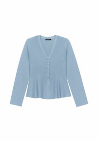 Ljusblå cardigan i mjukt stickat tyg. Har en V-ringning, sex knappstängning och en utställd fåll med långa ärmar.
