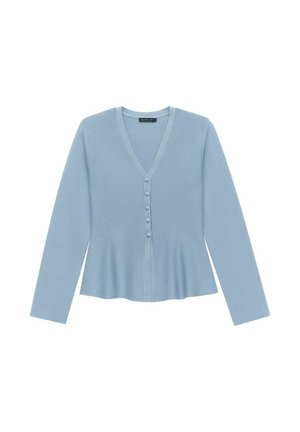 Light blue cardigan made of soft knit fabric. Features a V-neckline, six button closure, and a flared hem with long sleeves.