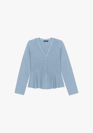 Light blue cardigan made of soft knit fabric. Features a V-neckline, six button closure, and a flared hem with long sleeves.