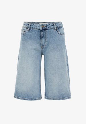 Světle modré denimové kraťasy po kolena s předním knoflíkem, zipem, poutky na pásek a pětipočtým designem kapes.