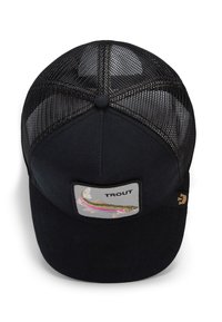 Black cap with a mesh back, featuring an embroidered trout logo on a square patch. Structured shape with a button top and curved brim.
