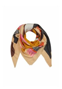 Écharpe en soie avec un motif géométrique dans des couleurs chaudes, comprenant du beige, du rose et du marron, avec des rayures noires contrastantes et une texture douce.