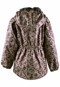 Blumenmuster-Jacke mit tailliertem Schnitt, ausgestattet mit Kapuze, elastischen Bündchen und einem beigen Hintergrund mit rosa und grünen Akzenten.