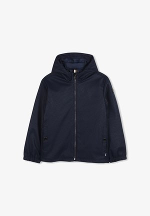 Veste à capuche bleu marine en tissu texturé, dotée d'une fermeture éclair frontale, de deux poches latérales et de poignets élastiques pour un ajustement parfait.