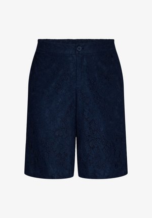 Navy blue knee-length shorts with floral lace pattern, button closure at waistband, and a tailored fit.