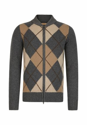 Grå kofta med dragkedja och en argyle-mönstring i brunt och beige. Tillverkad av stickat material, med ribbad krage och mudd.