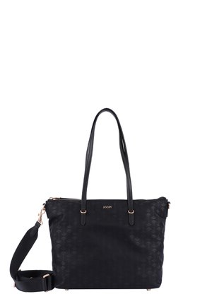 Borsa nera con doppio manico e una tracolla removibile. Caratterizzata da un motivo testurizzato, chiusura con zip e dettagli in oro rosa.