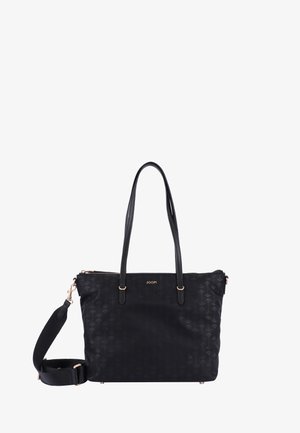 Schwarze Handtasche mit zwei Griffen und einem abnehmbaren Schulterriemen. Verfügt über ein strukturiertes Muster, einen Reißverschluss und Akzente aus roségoldfarbenem Metall.