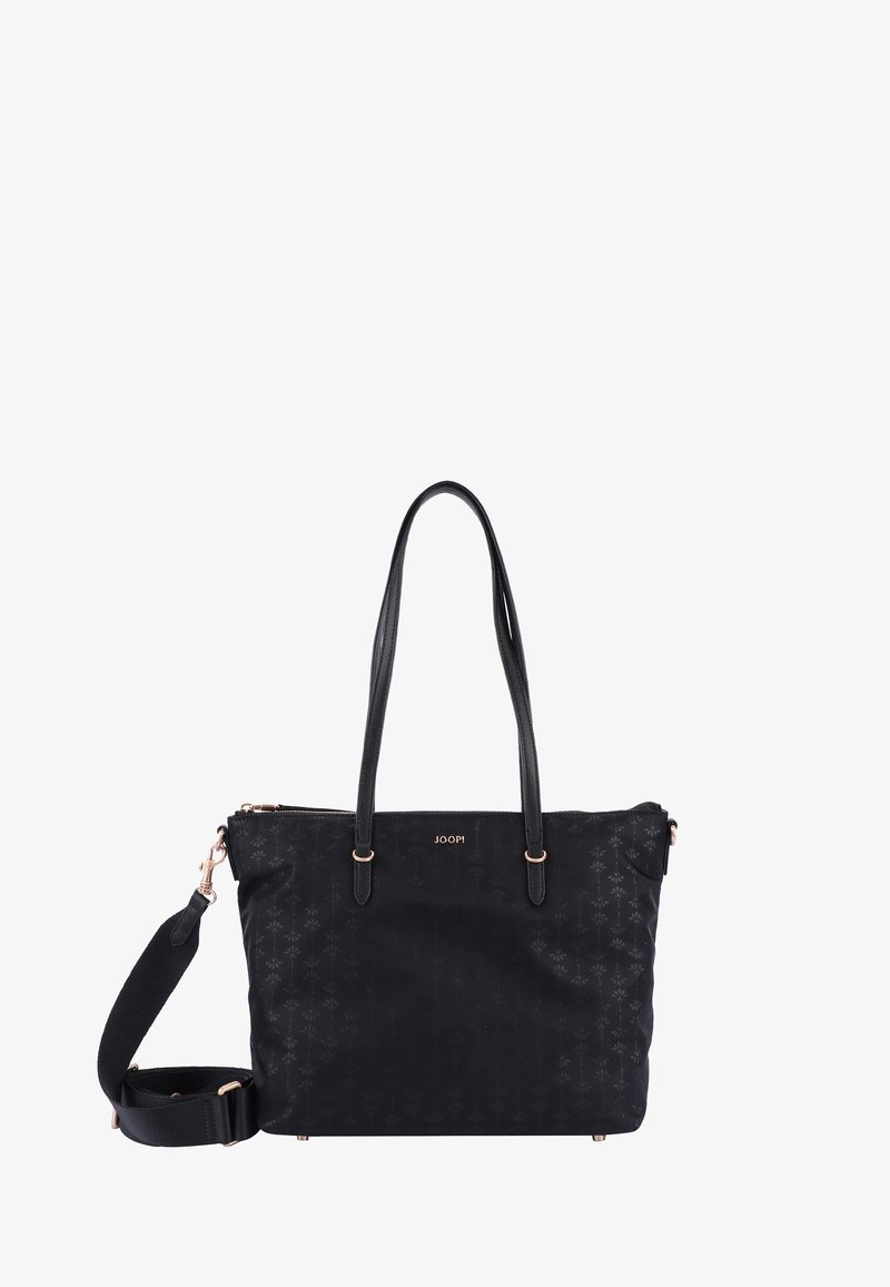 Mustan käsilaukun kaksinkertaisilla kahvoilla ja irrotettavalla olkahihnalla. Siinä on teksturoitu kuvio, vetoketjusuljenta ja vaaleanpunaisia kultasävyjä koristeena.