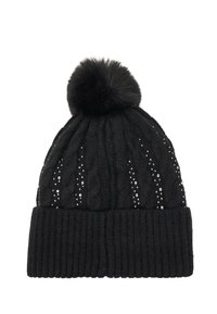 Beanie nera lavorata a maglia con orlo a coste, dotata di un soffice pompon sulla parte superiore, decorata con piccoli strass che formano motivi verticali.