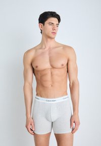 Sivi pamučni bokserice s bijelim elastičnim pojasom na kojem je istaknuta marka "Calvin Klein"; model stoji naslonjen na neutralnu pozadinu.