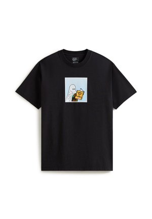 Zwart katoenen t-shirt met een vierkante afbeelding van een geest die een geel boek met zwarte tekst leest. Casual pasvorm en korte mouwen.