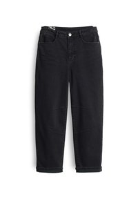 Jeans in denim nero con un design a gamba dritta, cinque tasche e orli arrotolati. Il tessuto ha una texture liscia con dettagli di cuciture sottili.