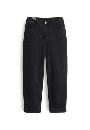 Jean en denim noir avec une coupe droite, cinq poches et des ourlets retroussés. Le tissu a une texture lisse avec des détails de couture subtils.