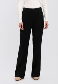Black tailored trousers with a straight leg, featuring a button closure, belt loops, and a smooth fabric texture.