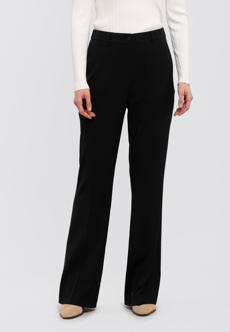 Black tailored trousers with a straight leg, featuring a button closure, belt loops, and a smooth fabric texture.