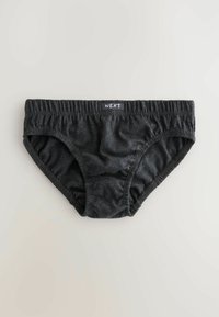 Schwarze Baumwollslips mit einem elastischen Bund, versehen mit gekräuselten Nähten an den Seiten und einer glatten Oberfläche. Markenlabel auf dem Bund sichtbar.