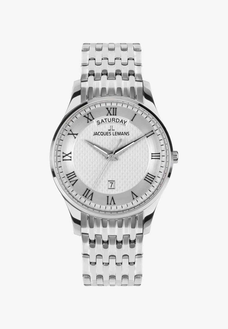 Silberne Edelstahluhr mit strukturiertem weißem Zifferblatt, römischen Ziffern, Datumsanzeige und einem Gliederarmband. Verfügt über eine Tagesanzeige.