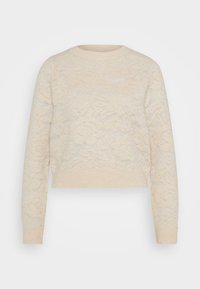 Cremefarbener, kurz geschnittener Pullover mit floraler Spitzenstruktur, geripptem Halsausschnitt und Manschetten, langen Ärmeln und weichem Strickfinish.