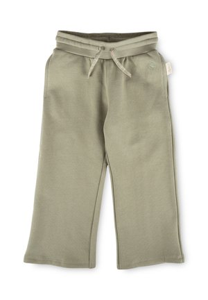 Pantaloni larghi da bambino verde oliva chiaro con vita regolabile con coulisse e tasche laterali su sfondo bianco.