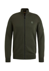 Dunkelgrüner Reißverschluss-Sweatshirt mit gerippten Bündchen und Kragen. Verfügt über eine Tasche am linken Arm und ein rechteckiges Logo-Patch auf der Brust.