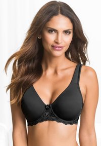 Soutien-gorge noir avec des coques lisses, une dentelle en bas et des bretelles réglables. Dispose d'un petit nœud au centre devant pour un détail.