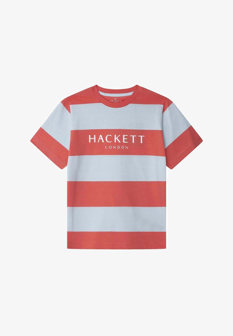 Rød og lyseblå stribet T-shirt lavet af bomuld, med rund hals og "HACKETT LONDON" logo trykt på forsiden.
