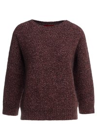 Pull bordeaux foncé avec un motif tricoté texturé, col rond et manches longues. Poignets et ourlet côtelés assurant structure et chaleur.