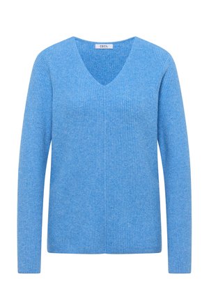 Lichtblauwe V-hals trui met lange mouwen, gemaakt van geribbeld gebreide stof. Het ontwerp is eenvoudig zonder extra patronen of accenten.