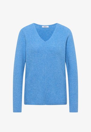 Lyseblå V-hals sweater med lange ærmer, lavet af ribstrikket stof. Designet er simpelt uden yderligere mønstre eller accenter.