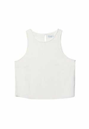 Haut sans manches blanc avec un col rond, présentant une texture subtile, un détail en forme de trou de serrure au dos et un ourlet droit.