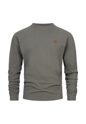 Grauer Sweatshirt mit langen Ärmeln, gerippter Struktur, Rundhalsausschnitt und einem kleinen braunen Logo-Patch auf der Brust. Schlichtes Design, normale Passform.